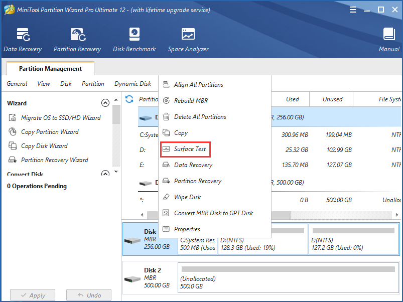 surfact test in MiniTool Partition Wizard