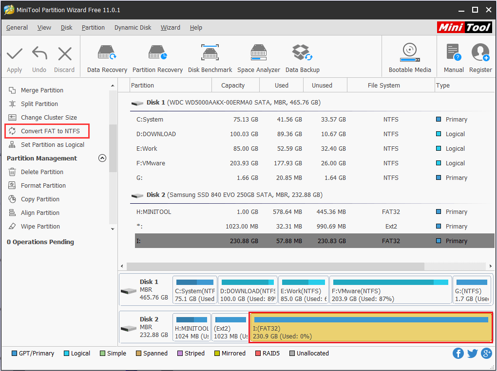 select the target FAT32 partition and choose Convert FAT to NTFS