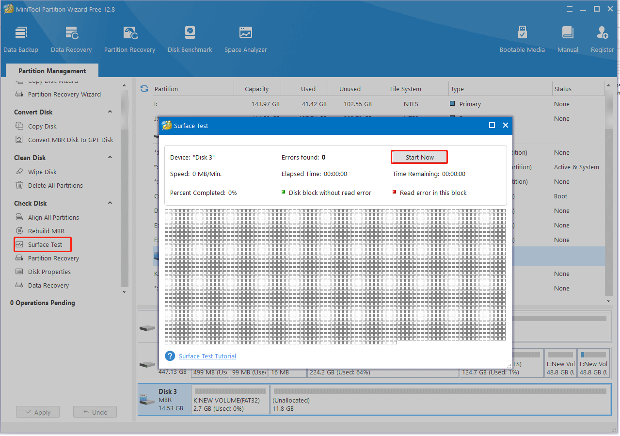 run Surface Test on MiniTool