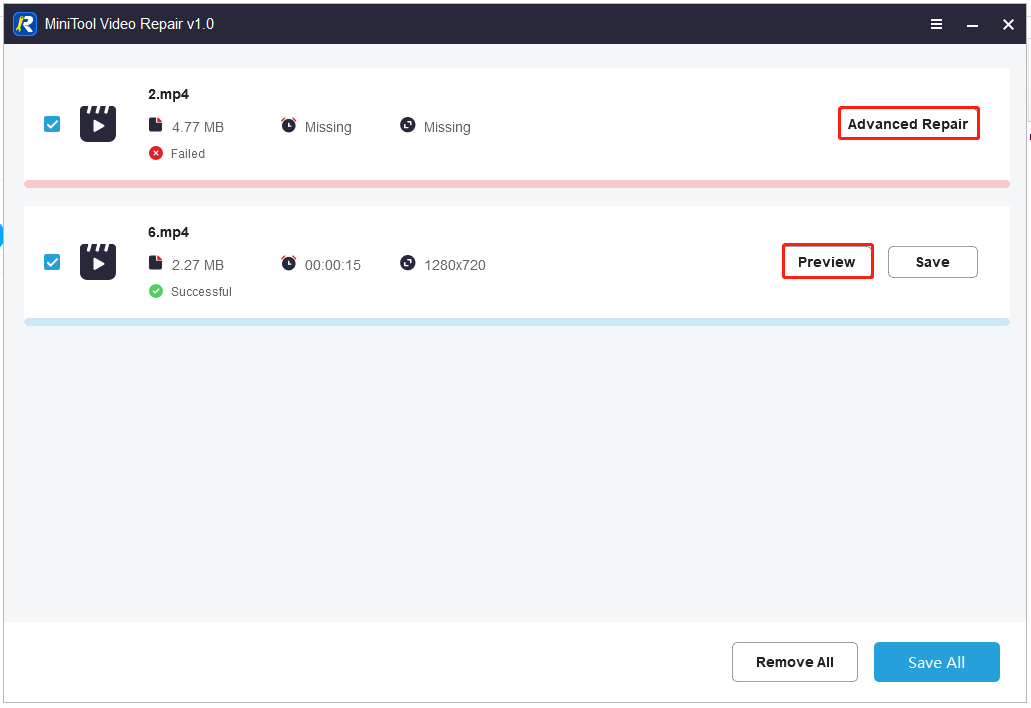 preview videos on MiniTool Video Repair