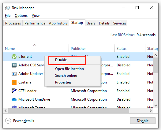 disable Startup program in Task Manager