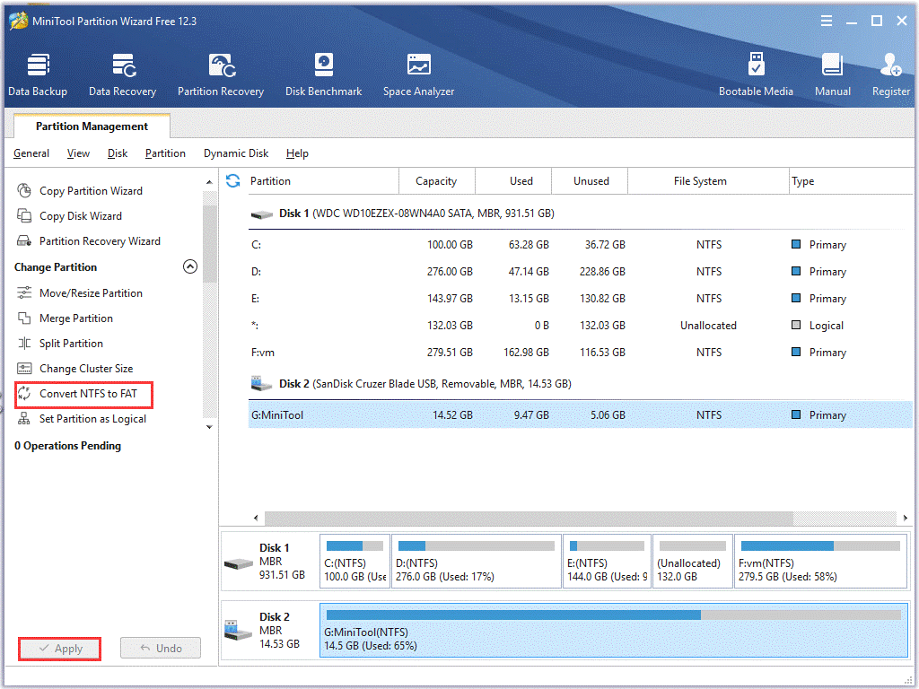 convert NTFS to FAT using MiniTool