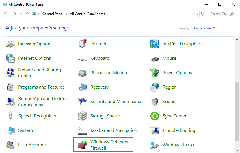 click Windows Defender Firewall