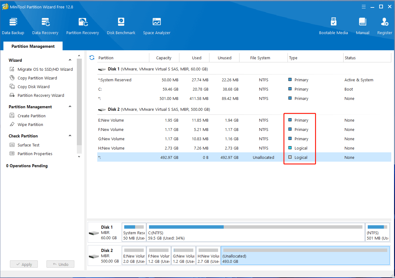 detailed information of partitions on MiniTool