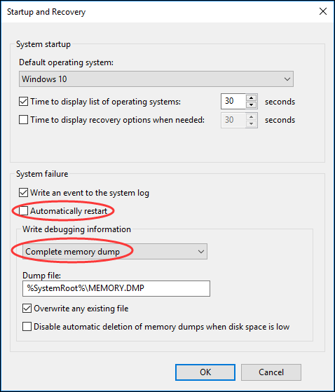 choose Complete memory dump